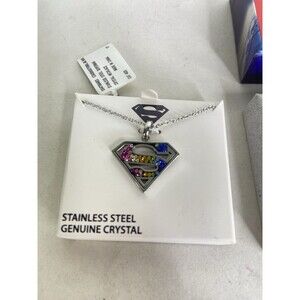 DC Comics Superman Supergirl Pendant Necklace Stainless Steel Genuine Crystal